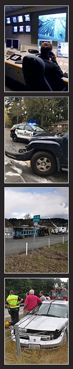 Top: A person sitting at a control console with several video screens showing roads and traffic. Middle Top: A car that has its bumper coming off with a Washington State Patrol car in the background. Middle Bottom: A rural-looking town with a crane truck. Bottom: Workers in a high-vis vest or State Patrol uniforms lean against a car that has run halfway under the cable barrier near the road.